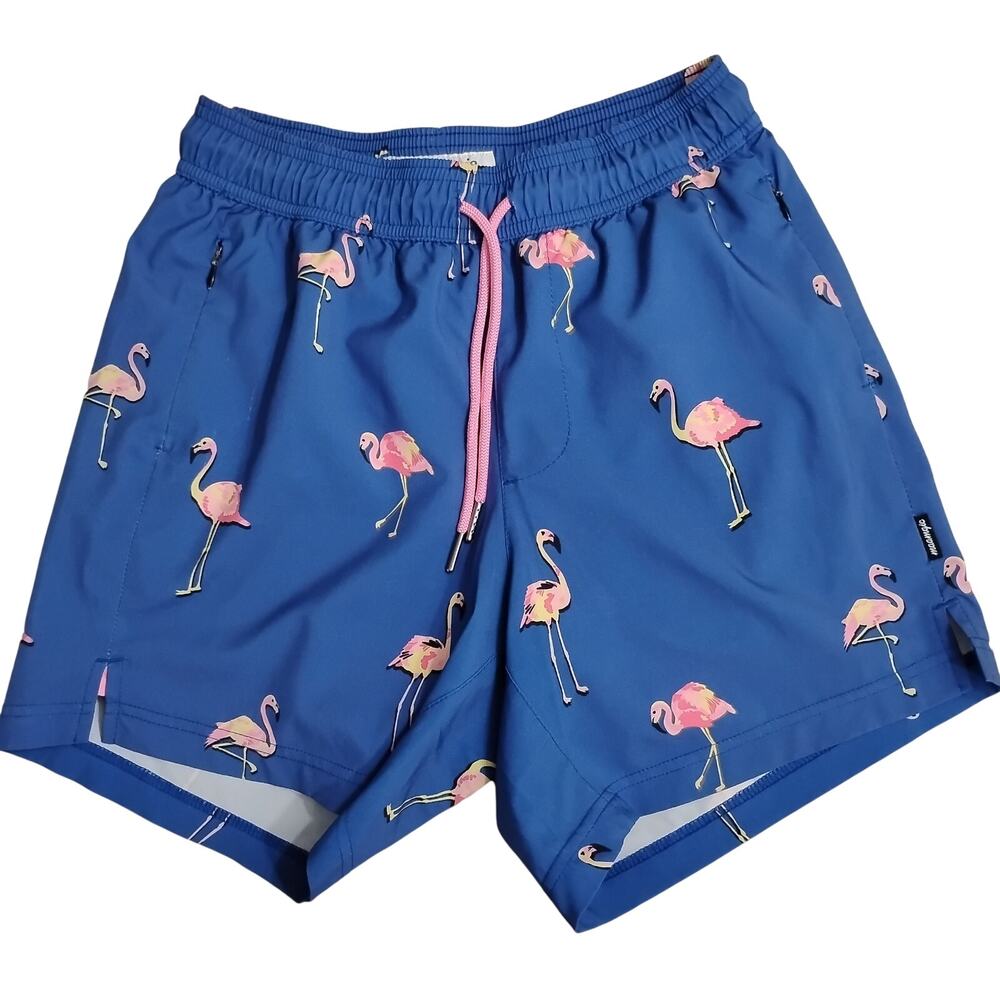 Maamgic Mens XS Swim Trunks Blue Flamingo Elastic Waist Drawstring Zip Pockets